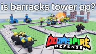 Barracks Tower Review Doomspire Defense REWRITE  ROBLOX [upl. by Tekcirc]