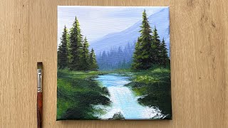 Acrylic Painting for Beginners  Forest Trees Mountain Landscape Painting [upl. by Audwen345]