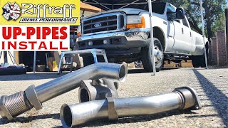 2001 F350 73  RiffRaff UpPipes Install  Stock up pipes leaking and falling apart JUNK SP [upl. by Ennaear]